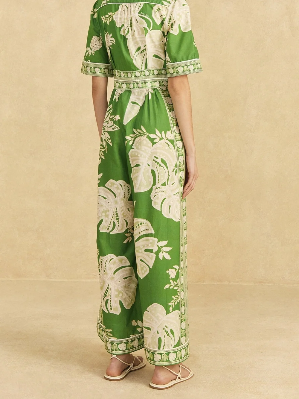 FARM Rio Green & Cream Lace Monstera V-Neck Jumpsuit with Button Front Wide Leg - Picture 6 of 9